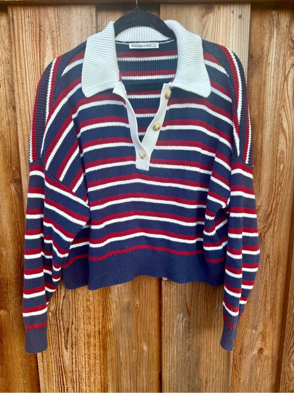 Abercrombie & Fitch Navy Red White Striped V-Neck Polo Sweater